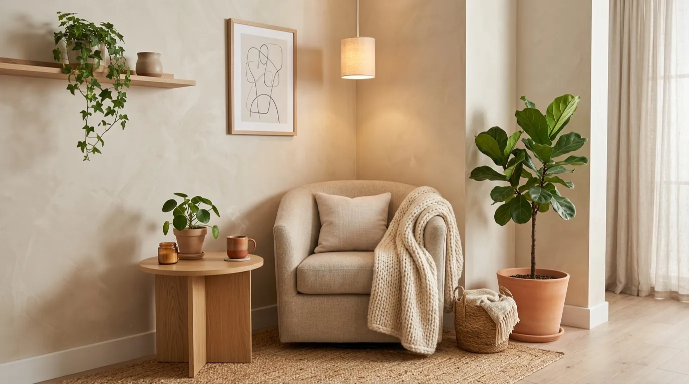 Minimalist interior design of a small cozy living room corner with compact furniture, warm ambient lighting, potted plants, and soft textiles