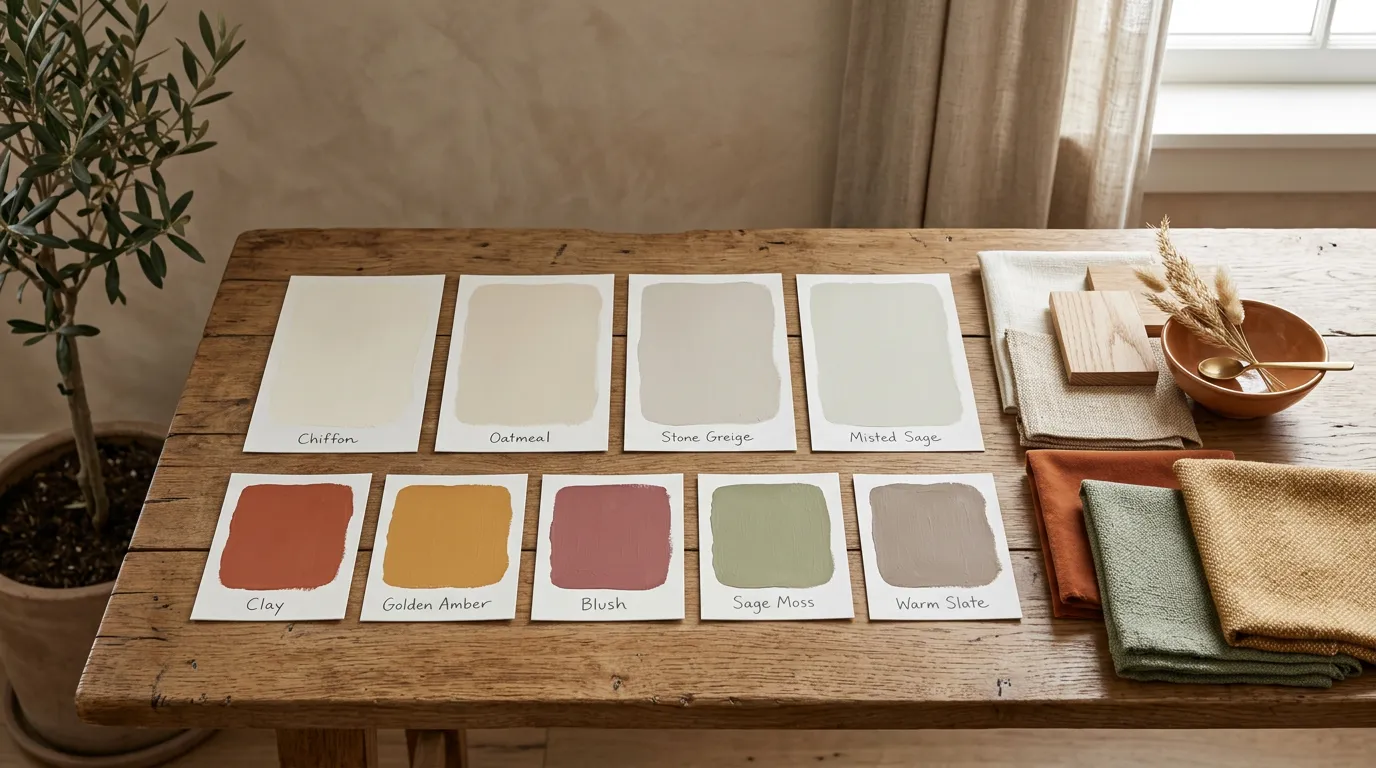 Interior color palette display with paint swatches in soft neutrals and warm accent colors for small rooms, with fabric samples and wooden surfaces