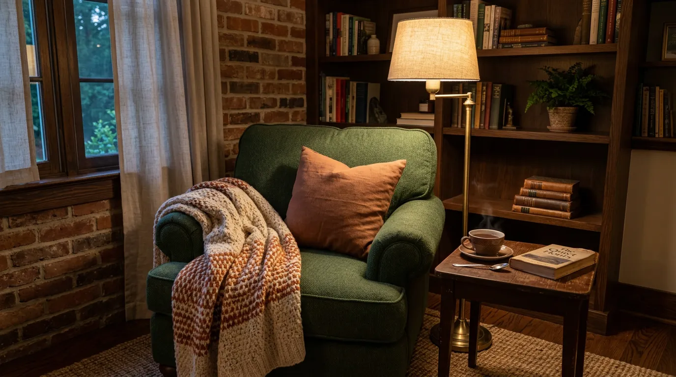 Cozy corner nook with comfortable armchair, soft lighting from a floor lamp, small side table with tea cup, and draped blanket