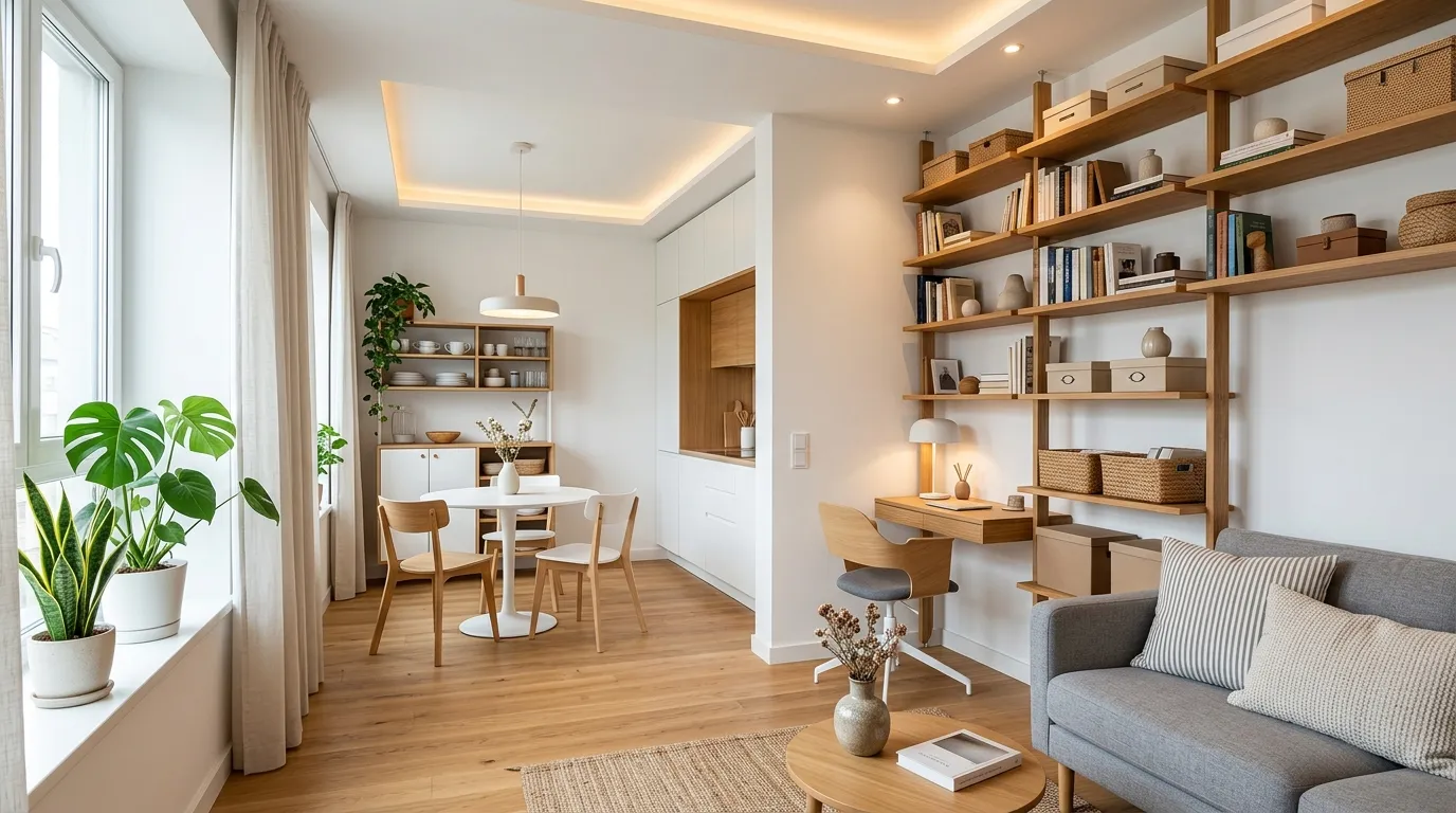 Bright small apartment interior with efficient storage solutions, vertical shelving, and compact furniture arrangement