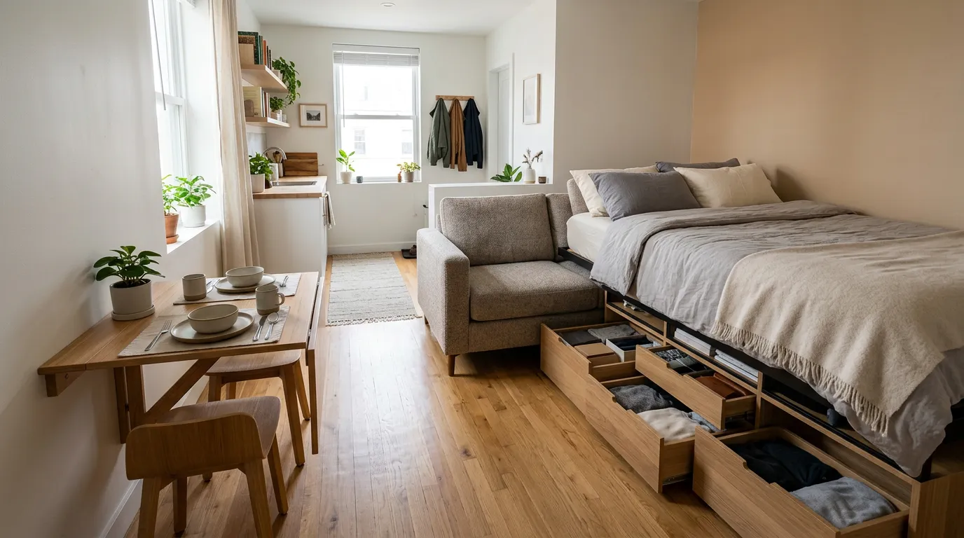 Multifunctional furniture pieces in a small studio apartment, including convertible sofa, storage bed, and dining table