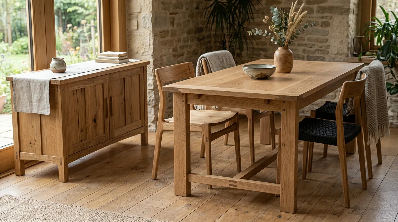 Sustainable wooden furniture pieces in natural materials, showing handcrafted joinery detail and high-quality construction, with natural fibers and eco-friendly textiles